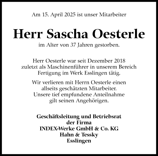 Traueranzeige von Sascha Oesterle von Eßlinger Zeitung