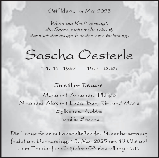 Traueranzeige von Sascha Oesterle von Eßlinger Zeitung