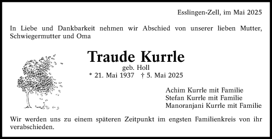 Traueranzeige von Traude Kurrle von Eßlinger Zeitung