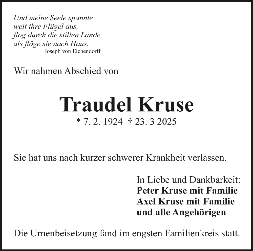 Traueranzeige für Traudel Kruse vom 03.05.2025 aus Eßlinger Zeitung