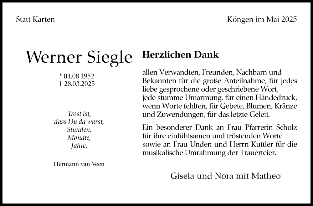  Traueranzeige für Werner Siegle vom 08.05.2025 aus Eßlinger Zeitung