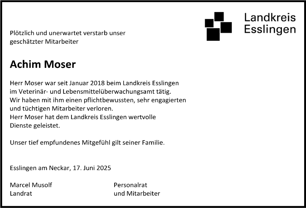  Traueranzeige für Achim Moser vom 21.06.2025 aus Eßlinger Zeitung