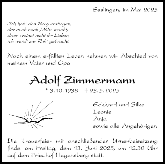 Traueranzeige von Adolf Zimmermann von Eßlinger Zeitung