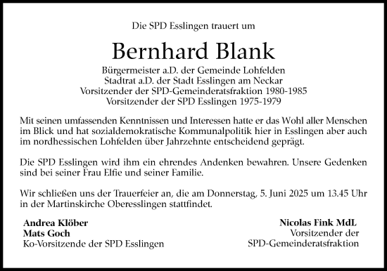 Traueranzeige von Bernhard Blank von Eßlinger Zeitung