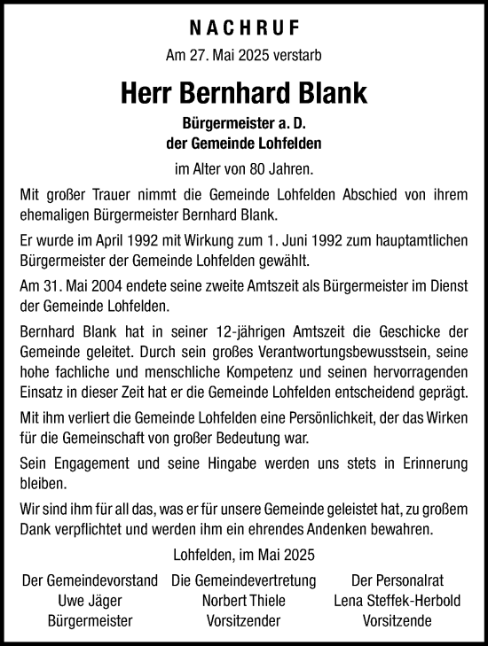 Traueranzeige von Bernhard Blank von Eßlinger Zeitung