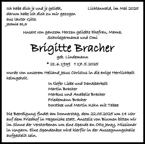 Traueranzeige von Brigitte Bracher von Eßlinger Zeitung
