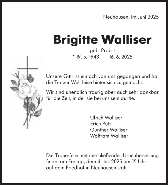 Traueranzeige von Brigitte Walliser von Eßlinger Zeitung