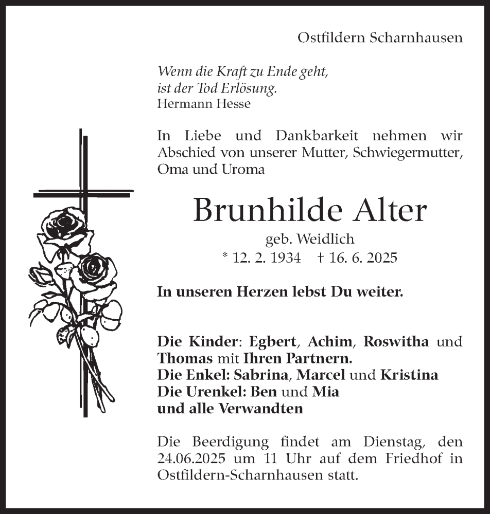 Traueranzeige für Brunhilde Alter vom 23.06.2025 aus Eßlinger Zeitung