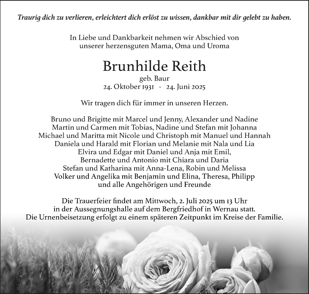  Traueranzeige für Brunhilde Reith vom 28.06.2025 aus Eßlinger Zeitung