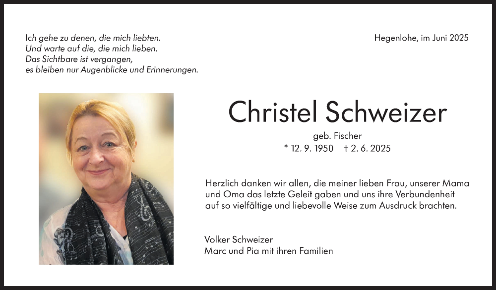  Traueranzeige für Christel Schweizer vom 28.06.2025 aus Eßlinger Zeitung