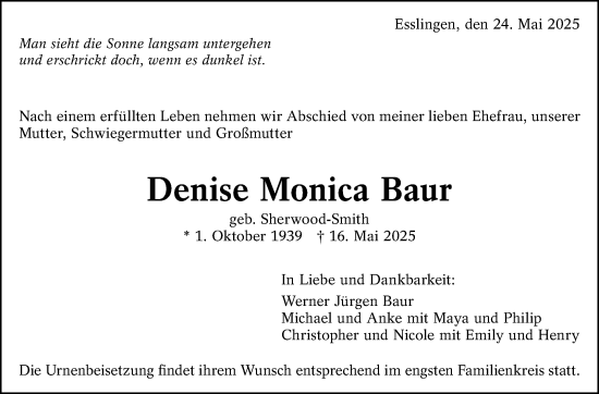Traueranzeige von Denise Monica Baur von Eßlinger Zeitung