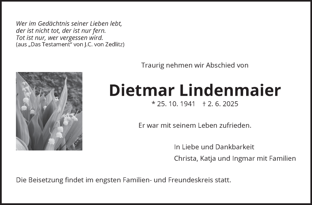  Traueranzeige für Dietmar Lindenmaier vom 28.06.2025 aus Eßlinger Zeitung