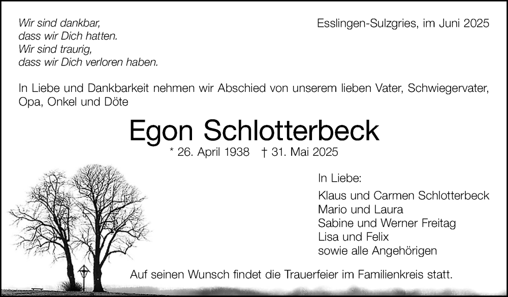  Traueranzeige für Egon Schlotterbeck vom 07.06.2025 aus Eßlinger Zeitung