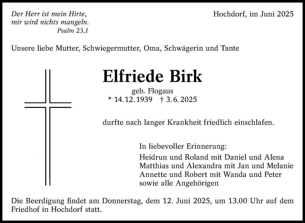  Traueranzeige für Elfriede Birk vom 07.06.2025 aus Eßlinger Zeitung