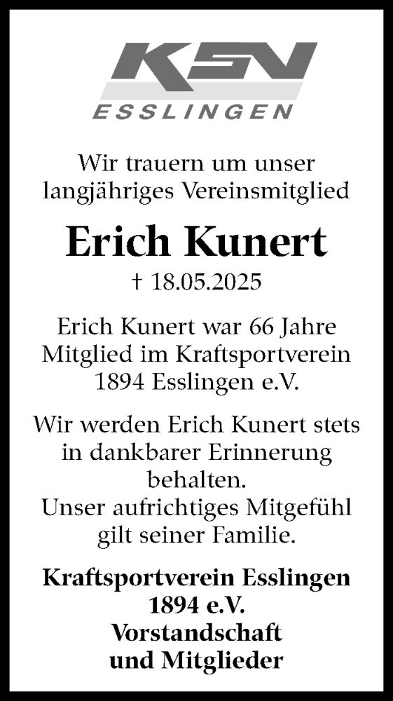  Traueranzeige für Erich Kunert vom 06.06.2025 aus Eßlinger Zeitung