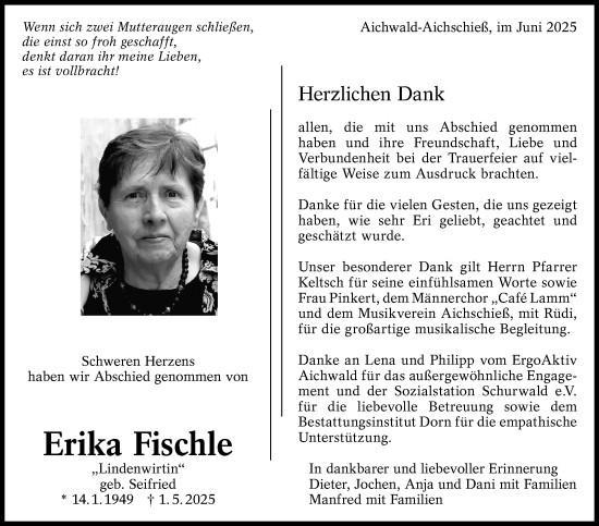 Traueranzeige von Erika Fischle von Eßlinger Zeitung