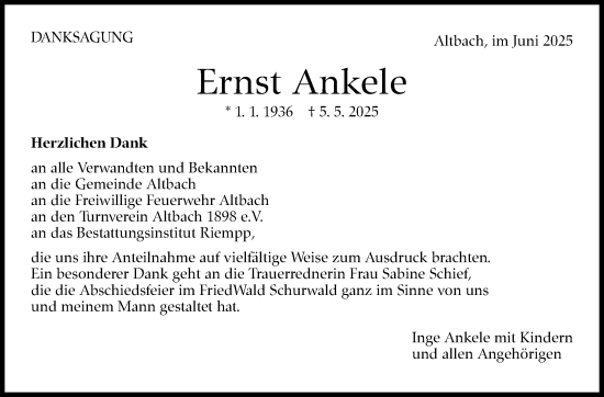 Traueranzeige von Ernst Ankele von Eßlinger Zeitung