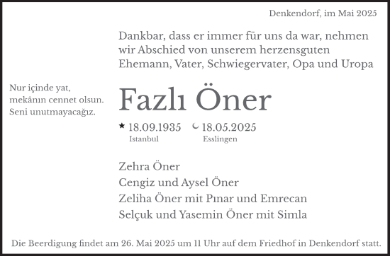 Traueranzeige von Fazli Öner von Eßlinger Zeitung