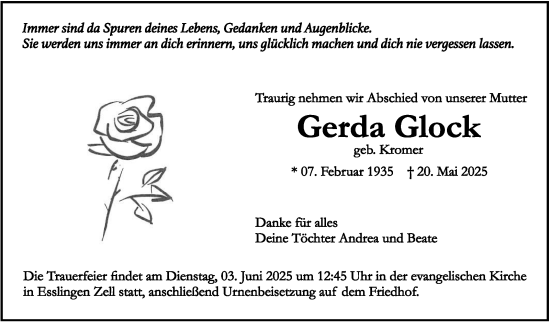 Traueranzeige von Gerda Glock von Eßlinger Zeitung