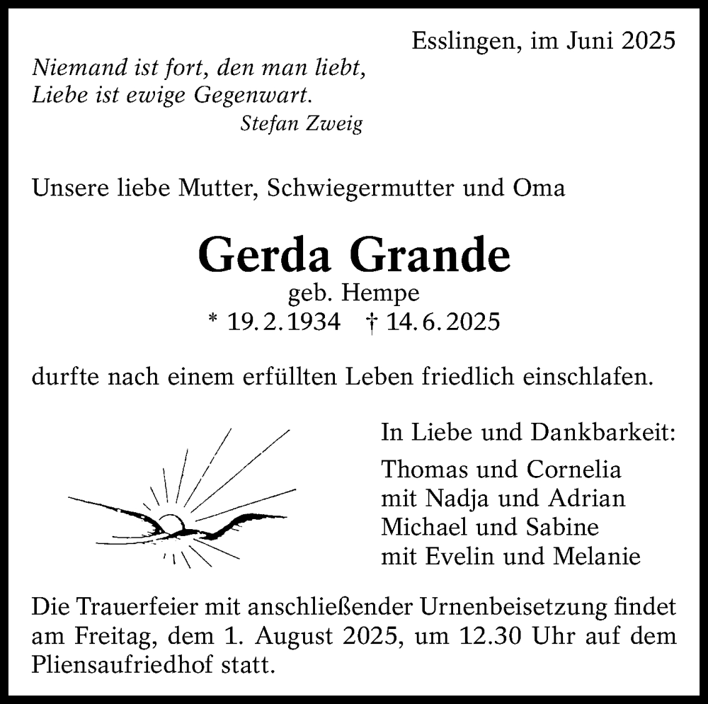  Traueranzeige für Gerda Grande vom 21.06.2025 aus Eßlinger Zeitung