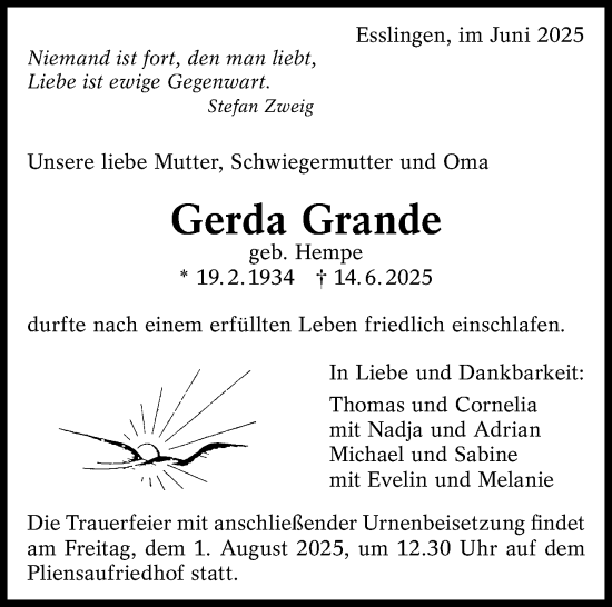 Traueranzeige von Gerda Grande von Eßlinger Zeitung