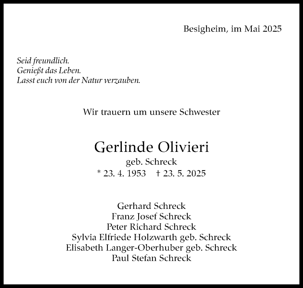  Traueranzeige für Gerlinde Olivieri vom 07.06.2025 aus Eßlinger Zeitung