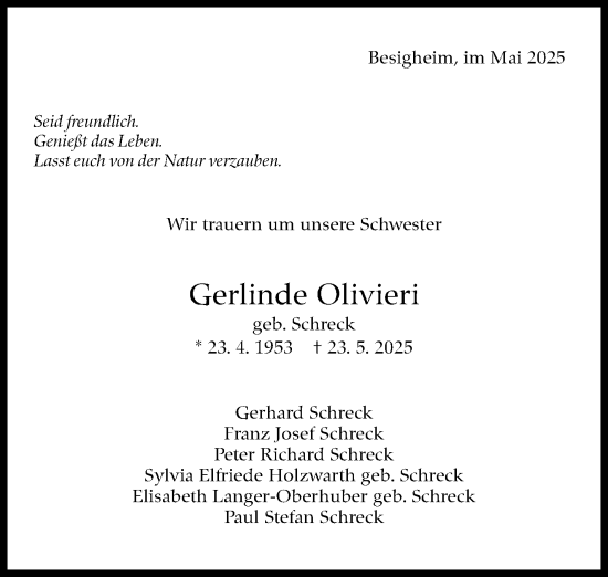 Traueranzeige von Gerlinde Olivieri von Eßlinger Zeitung