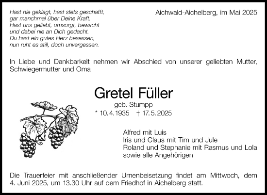 Traueranzeige von Gretel Füller von Eßlinger Zeitung