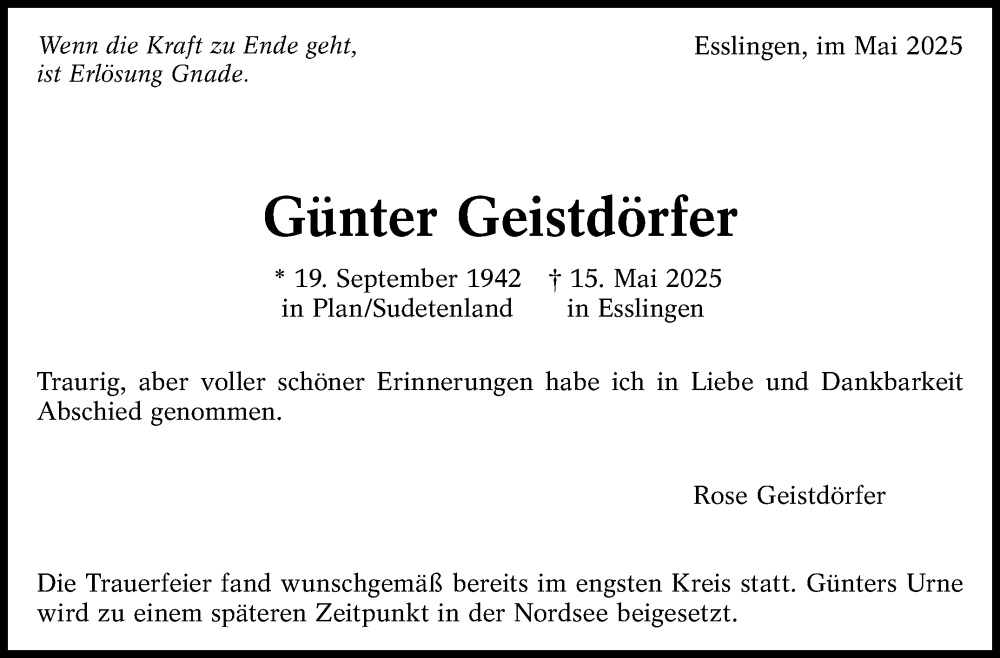  Traueranzeige für Günter Geistdörfer vom 31.05.2025 aus Eßlinger Zeitung