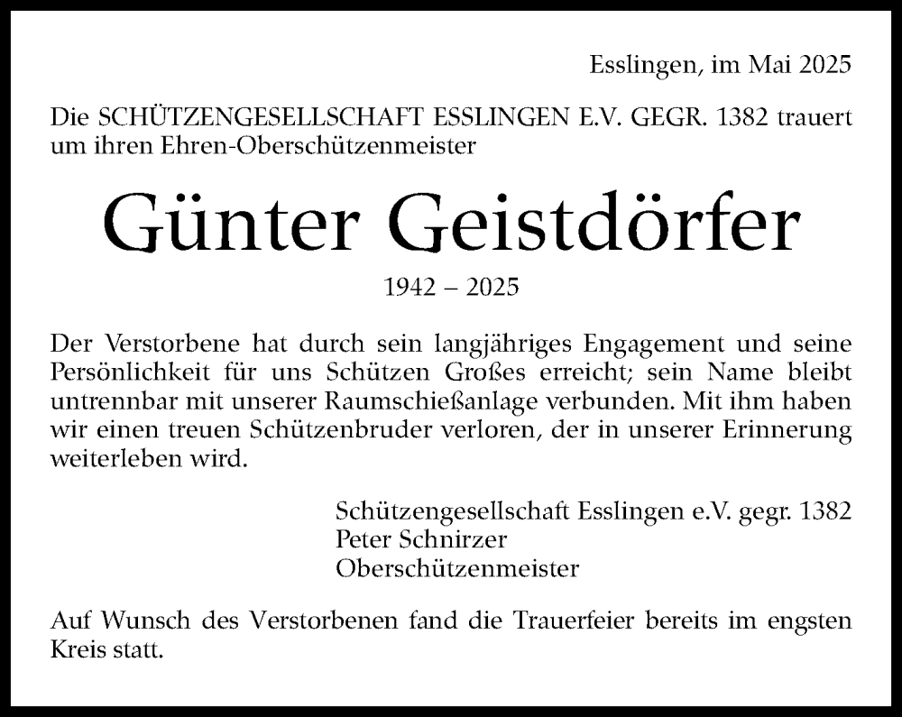  Traueranzeige für Günter Geistdörfer vom 31.05.2025 aus Eßlinger Zeitung