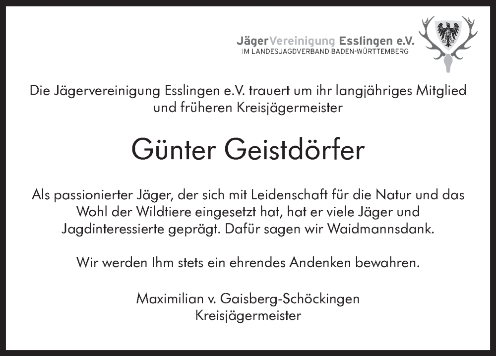  Traueranzeige für Günter Geistdörfer vom 31.05.2025 aus Eßlinger Zeitung