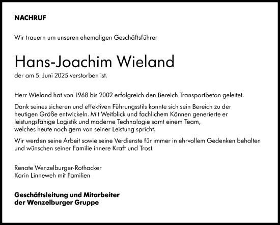 Traueranzeige von Hans-Joachim Wieland von Eßlinger Zeitung