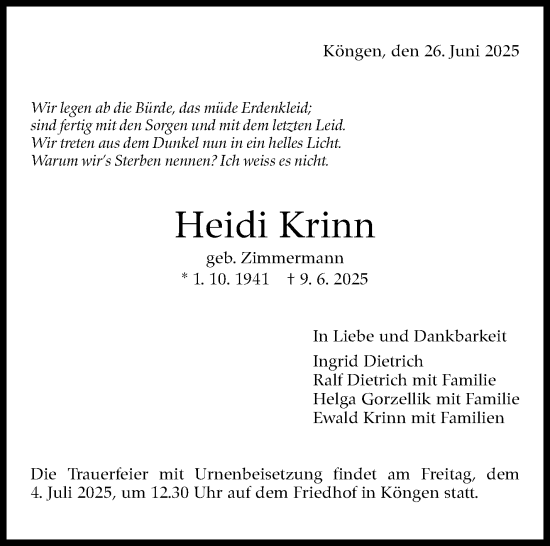 Traueranzeige von Heidi Krinn von Eßlinger Zeitung