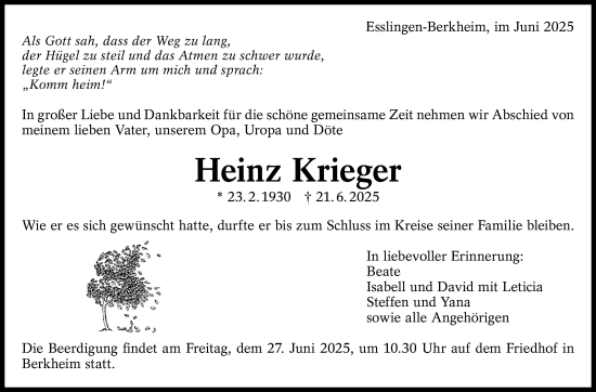 Traueranzeige von Heinz Krieger von Eßlinger Zeitung