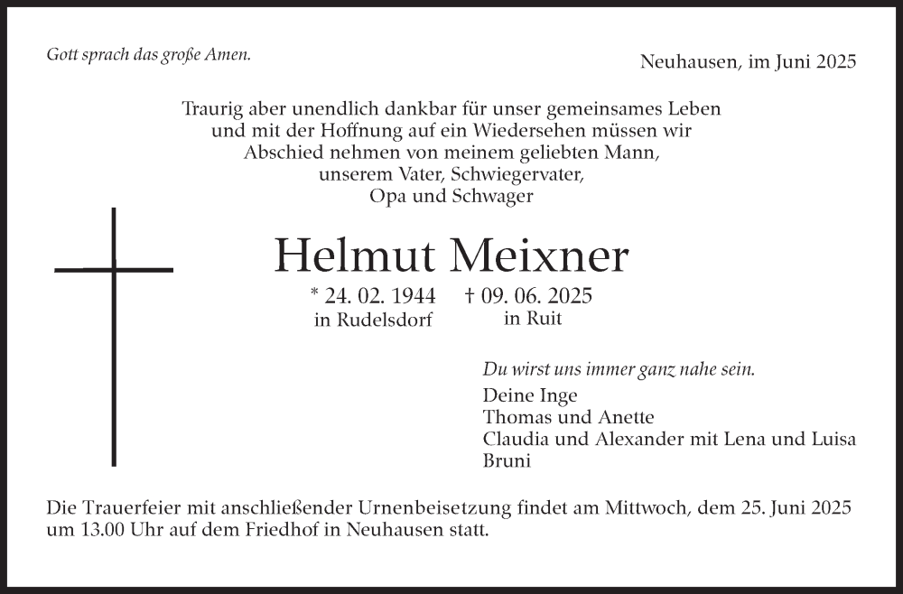  Traueranzeige für Helmut Meixner vom 18.06.2025 aus Eßlinger Zeitung