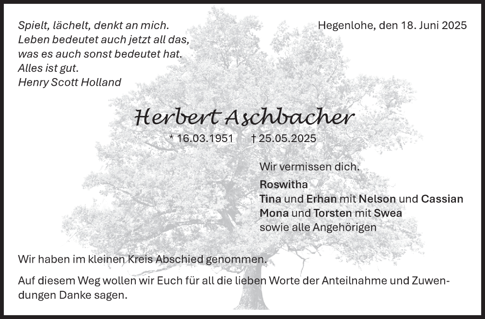  Traueranzeige für Herbert Aschbacher vom 18.06.2025 aus Eßlinger Zeitung