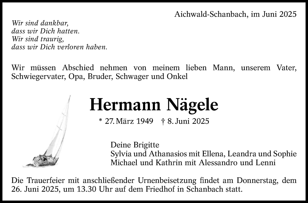  Traueranzeige für Hermann Nägele vom 14.06.2025 aus Eßlinger Zeitung