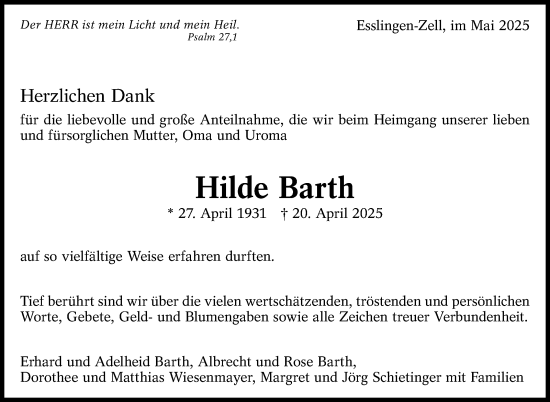 Traueranzeige von Hilde Barth von Eßlinger Zeitung