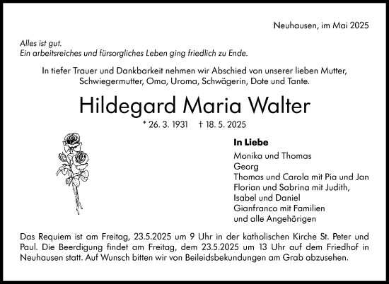 Traueranzeige von Hildegard Maria Walter von Eßlinger Zeitung