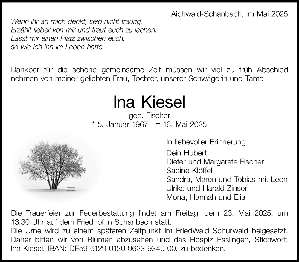  Traueranzeige für Ina Kiesel vom 20.05.2025 aus Eßlinger Zeitung