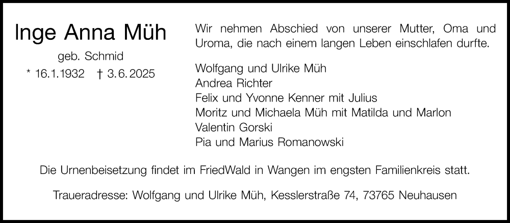  Traueranzeige für Inge Anna Müh vom 07.06.2025 aus Eßlinger Zeitung