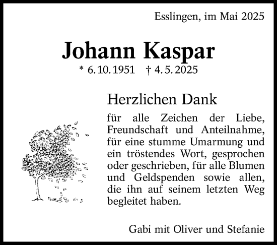 Traueranzeige von Johann Kaspar von Eßlinger Zeitung