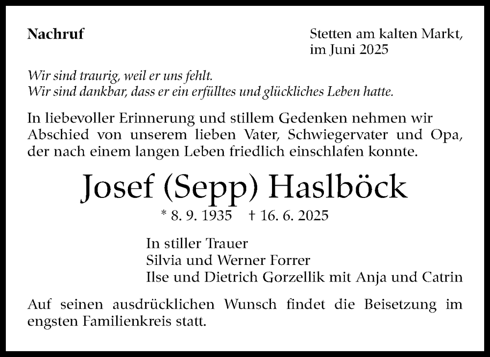  Traueranzeige für Josef Haslböck vom 28.06.2025 aus Eßlinger Zeitung