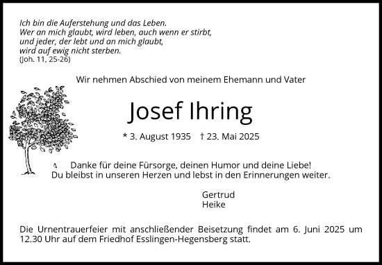 Traueranzeige von Josef Ihring von Eßlinger Zeitung