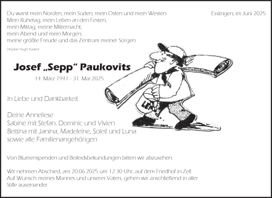 Traueranzeige von Josef Paukovits von Eßlinger Zeitung