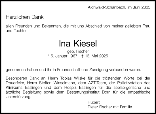 Traueranzeige von lna Kiesel von Eßlinger Zeitung