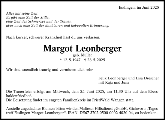 Traueranzeige von Margot Leonberger von Eßlinger Zeitung