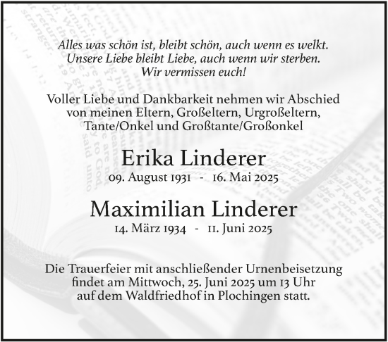 Traueranzeige von Maximilian Linderer von Eßlinger Zeitung