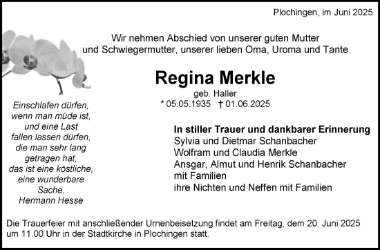 Traueranzeige von Regina Merkle von Eßlinger Zeitung