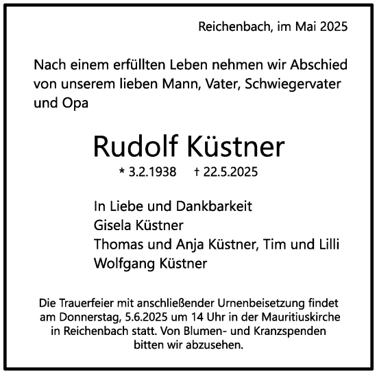 Traueranzeige von Rudolf Küstner von Eßlinger Zeitung